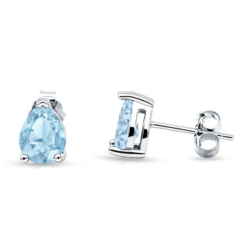 Art Deco Pear Shape Solitaire Push Back Stud Earring Excellent Simulated Aquamarine CZ 925 Sterling Silver